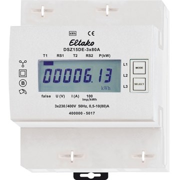 KWH måler DSZ15DE-3X80A. kWh måler for TN 3P+N, TT og IT 3fas nett. 80A.